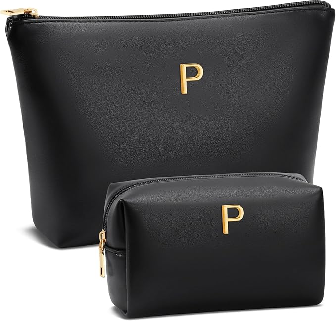 Women Gifts | Initial Makeup Bag Set for Girl Personalized Gifts for Bridesmaid Friend Graduation Teachers PU Leather Cosmetic Travel Toiletry Bag(Black,P)
