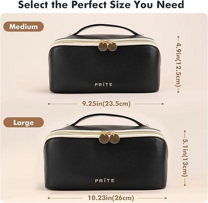 Prite Makeup Bag for Women Travel Waterproof Vegan Leather Cosmetic Bag Open Flat Toiletry Bag With Clear Divider and Handle (Black)