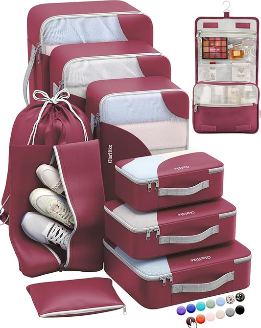 8 Set Packing Cubes for Travel,Gifts for Women Mom at Christmas,AntiTearing Suitcase Organizers for Luggage with Shoe & Hook Toiletry Bag,Vacation Essentials & Accessories for Cruise Ship (Burgundy)