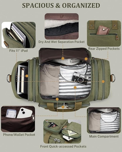 Gonex Canvas Duffle Bag for Travel, Expandable Water Resistant 50L Carry on Duffel Overnight Weekender Gym Bag with Wet Dry Separation Pocket & Suitcase Handle Sleeve, Army Green