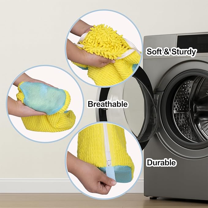 4 Pcs Shoe Washing Machine Bag, Laundry Shoe Bags for Washer and Dryer with Chenille Liner, Large Reusable Mesh Bag for Sneakers, Gym, Tennis, Sports, Delicate, 2 Color Mix(Yellow+Gray)
