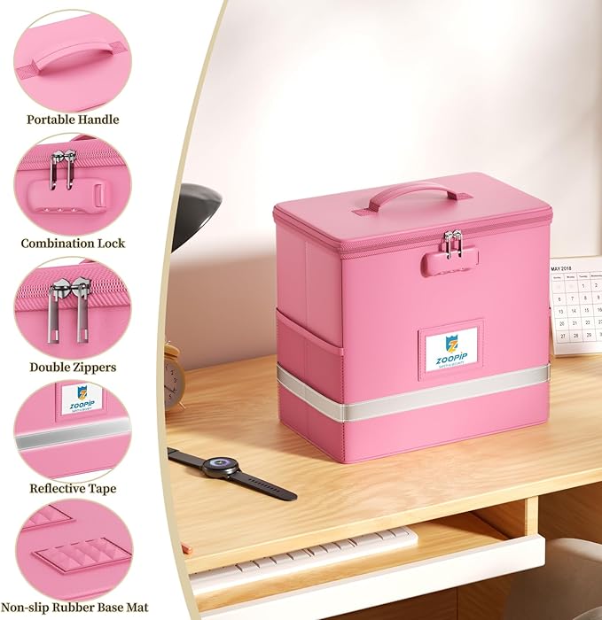 Fireproof File Box with Lock, Document Box Storage Organizer, Suitable for Hanging File Folders in Letter Size, Collapsible File Box, Reflective Strip for Fast Find (12.2"*6"*10.2, Pink)