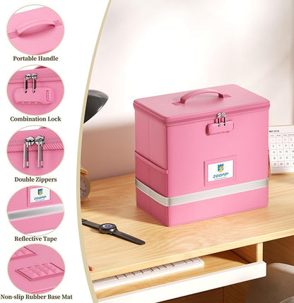 Fireproof File Box with Lock, Document Box Storage Organizer, Suitable for Hanging File Folders in Letter Size, Collapsible File Box, Reflective Strip for Fast Find (12.2"*6"*10.2, Pink)