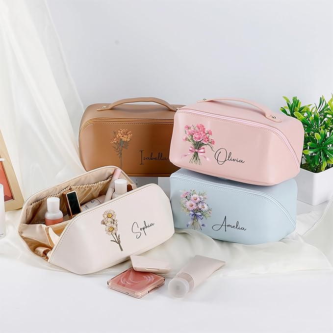 callie Personalized Makeup Bag - Custom Name & Birth Flower, Leather Cosmetic Organizer Bag with Zippers & Handle, Birthday Christmas Travel Gifts for Women