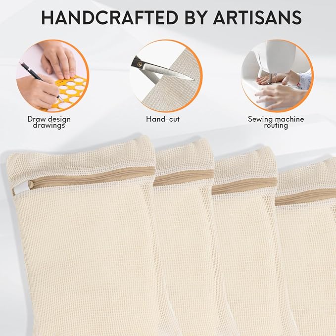 4 Piece Small, Durable Organic Cotton Mesh Laundry Bag with Strong Zipper and Breathable Mesh, Delicate Laundry Bag for Underwear, Clothes, Pants and Socks