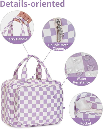 Narwey Hanging Toiletry Bag for Women Travel Makeup Bag Organizer Toiletries Bag for Travel Size Essentials Accessories Cosmetics (Purple Checkerboard (Medium))