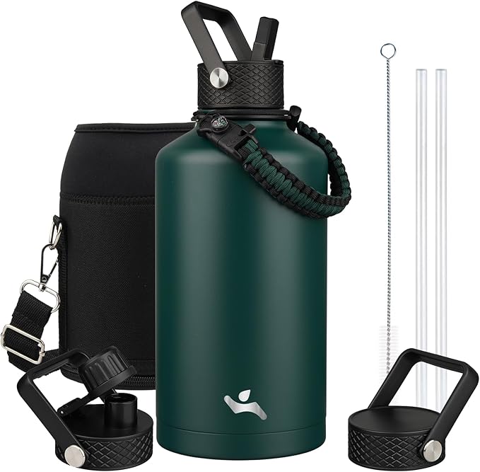 Insulated Water Bottle with Straw,87 oz 3 Lids Water Jug with Carrying Bag,Paracord Handle,Double Wall Vacuum Stainless Steel Metal Flask,Dark Green