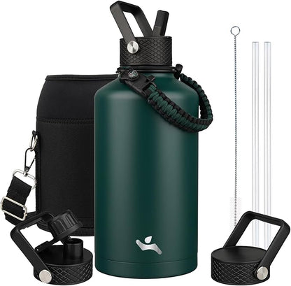 Insulated Water Bottle with Straw,87 oz 3 Lids Water Jug with Carrying Bag,Paracord Handle,Double Wall Vacuum Stainless Steel Metal Flask,Dark Green