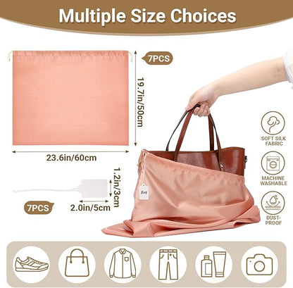 Ewen 23.6x19.6in Pink Orange Dust Bags for Handbags, 7 Pack of Dustproof Silk Bags with Drawstring for Shoes and Boots, Purse Bag for Storage, Satin Covers for Travel, Protectors for Luxury Handbags