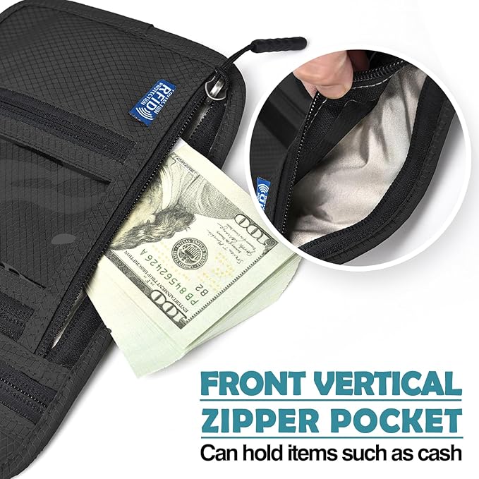 RFID Blocking Travel Neck Wallet–Hidden Passport Holder & Anti-Theft Money Pouch for Men & Women, Lightweight Concealed Travel Organizer with Adjustable Strap Secure Document