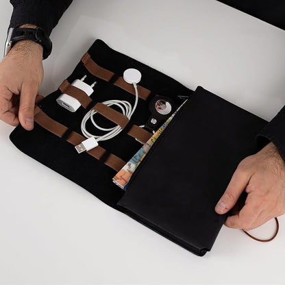 HARDISTON Custom Genuine Leather Electronic Cable Organizer Bag Handmade Travel Cord Organizer Roll Case for Hard Drives, Cables, Charger, Phone, USB, SD Card (Large - Black)