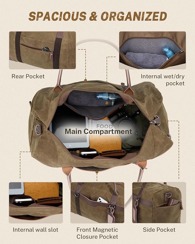 Gonex Waxed Canvas Duffle Bag for Travel, Water-resistant Vintage 55L Duffel Weekender with Shoes Compartment & Luggage Tag, Heavy-duty Overnight Bag with Suitcase Handle Sleeve for Men, Coffee