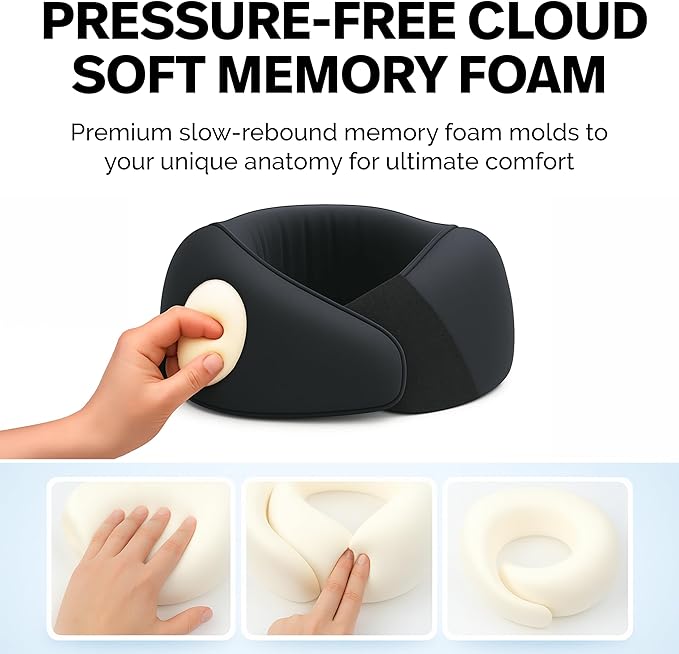Memory Foam Travel Neck Pillow – Ergonomic 360° Head & Neck Support for Airplanes, Car & Home – Compact Washable Cover, Carry Bag & Earplugs – Best Neck Pillow Airplane, Travel Pillow for Long Flights