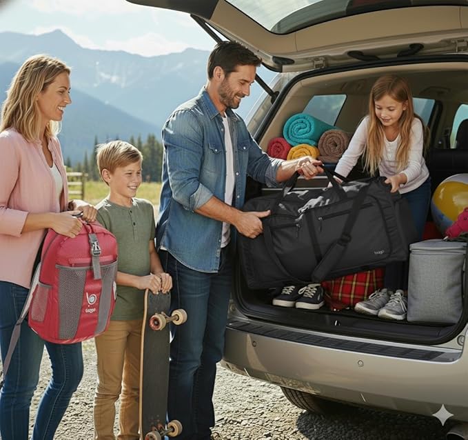 Bago Large Foldable Duffel Bags for Traveling Women & Men - 80L Packable Duffle Bag for Travel with Shoe Compartment - Water Repellant, Heavy Duty, Lightweight Folding & Collapsible (All Black)