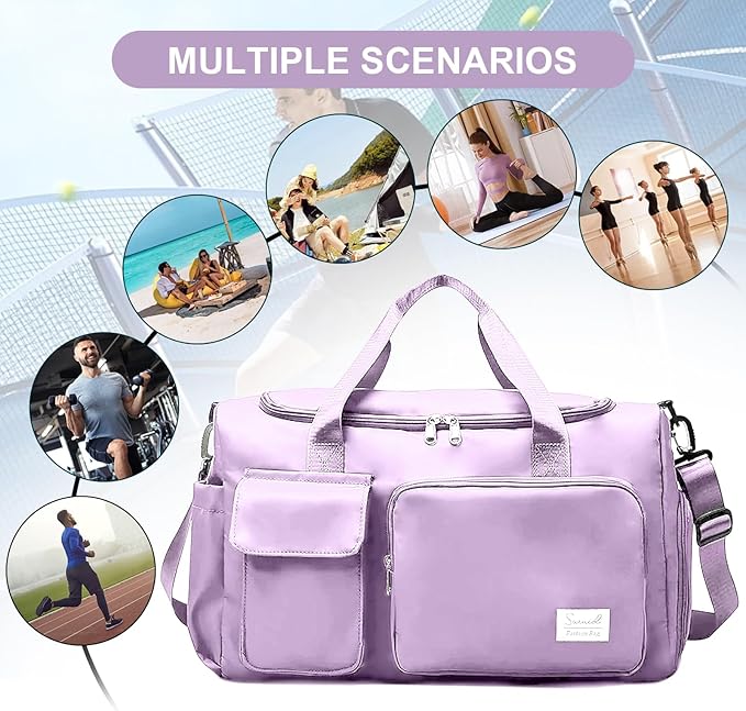Gym Bag for Women Men, Travel Duffle Bag Large Capacity Carry On Weekender Bag With Shoe Compartment Gym Tote Dry Wet Separation Duffel Bag with Makeup Bag, Purple