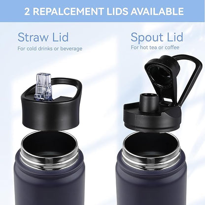 HASLE OUTFITTERS Insulated Water Bottle 22 oz Double Wall Stainless Steel Water Bottle Wide Mouth with Straw Lid & Spout Lid Keeps Cold or Hot(Navy,8)