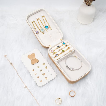 Small Travel Jewelry Organizers Box for women with PU Leather Portable Mini Jewelry Case with compartments for Necklace Rings Earrings,Luxury Giftable boxes. (Champagne, M)