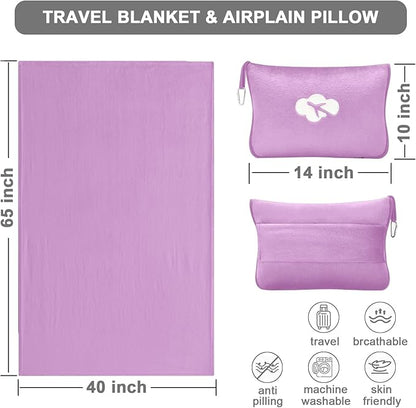 Travel Blanket and Pillow Compact, Premium Soft 2 in 1 Airplane Blanket with Soft Bag Pillowcase，Hand Luggage Sleeve and Backpack Clip (Solid Purple)