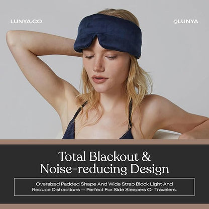 Lunya Weighted Silk Sleep Mask – Mulberry Silk Eye Cover with Cooling Glass Beads, Noise-Reducing Fit, Washable Fabric, and Travel Pouch – Sleeping Mask for Men and Women - Deep Blue - Small