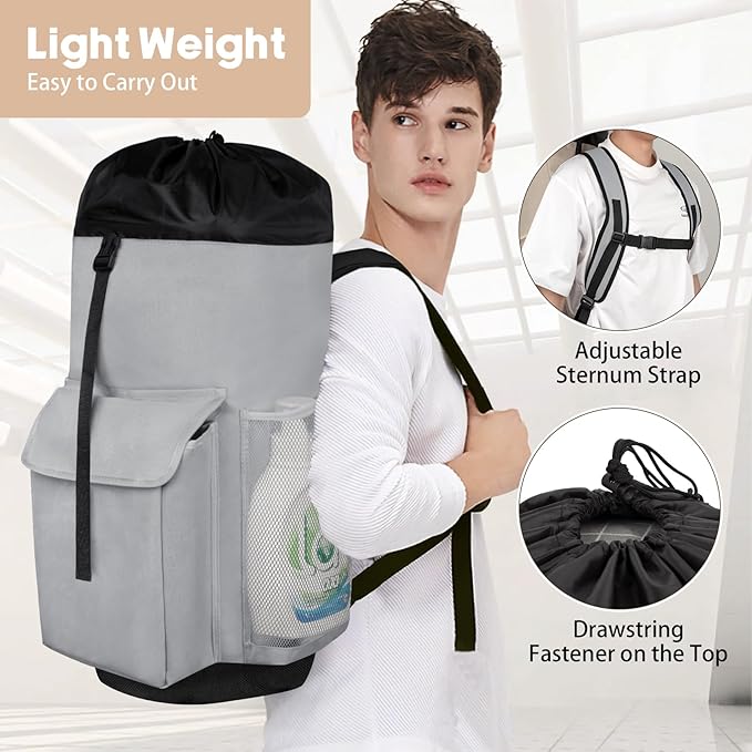 Laundry Backpack Bag, 132L Extra Large Heavy Duty Laundry Backpack for College Dorm Essentials, Laundry Hamper Travel Bag with Shoulder Straps and Mesh Wash Bags for Laundromat, Apartment Grey