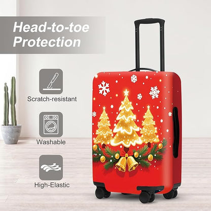 Golden Christmas Trees Luggage Cover - Sparkling Trees with Bells and Holly on Red Background, Elegant Holiday Design Stretchable Suitcase Protector for 32 34 Inch Travel Bags