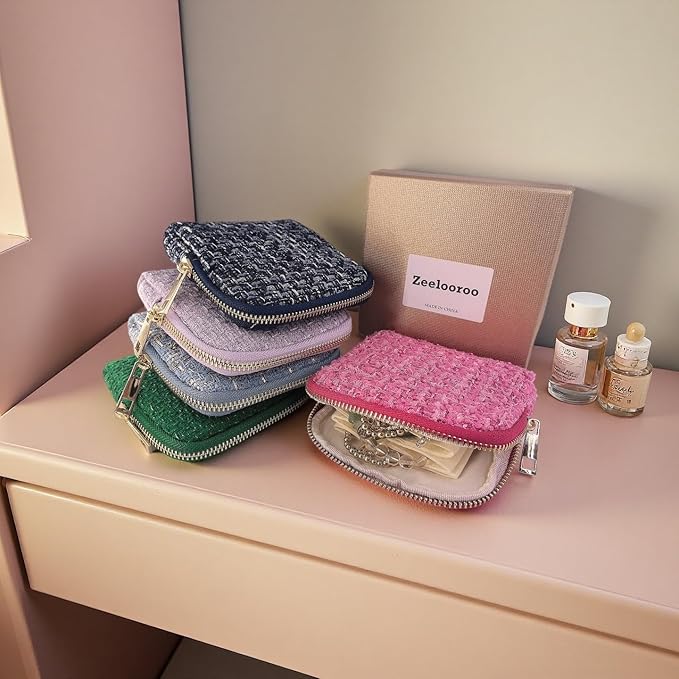 Small Travel Jewelry Case, Soft Tweed Organizer Pouch for Bangle, Bracelets, large Earrings, Beaded necklace, Anti-Scratch & Portable Jewelry Bag Holder for Travel & Everyday Use (Raspberry Pink)