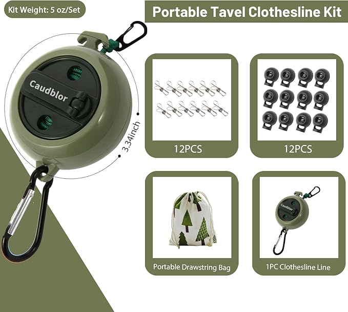 Portable Travel Clothesline Cord, Caudblor Adjustable 33ft Camping Clothes line, Laundry Drying Rope for Hotel Trip, Cruise, Outdoor/Indoor, with 12Pcs Stoppers, Windproof Clothespins