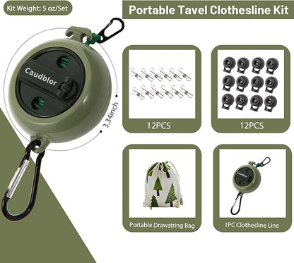 Portable Travel Clothesline Cord, Caudblor Adjustable 33ft Camping Clothes line, Laundry Drying Rope for Hotel Trip, Cruise, Outdoor/Indoor, with 12Pcs Stoppers, Windproof Clothespins