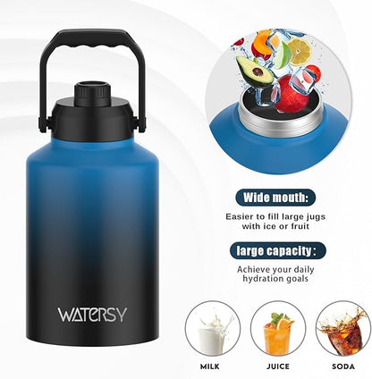 WATERSY 1 Gallon Water Bottle Insulated(Cold for 48 Hrs),BPA Free&Leak Proof,128oz Stainless Steel Water Jug,Big thermo,Large Water Bottle with Handle for Gym,Hiking,Camping&Travel,Gradient Blue