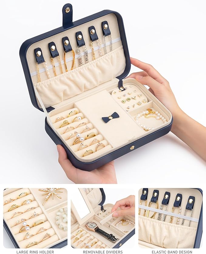 2-Layer Travel Jewelry Box for Women, Portable Jewelry Organizer with Mirror & Removable Dividers, PU Leather Jewelry Case – Gift for Wife, Mom, Girlfriend (Navy Beige)