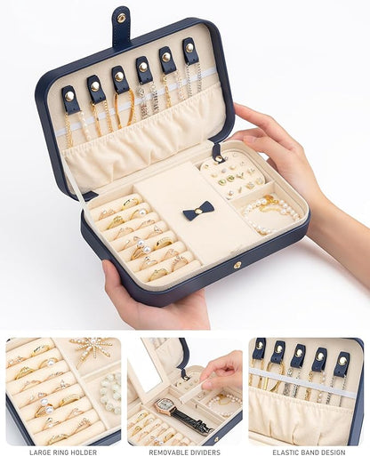 2-Layer Travel Jewelry Box for Women, Portable Jewelry Organizer with Mirror & Removable Dividers, PU Leather Jewelry Case – Gift for Wife, Mom, Girlfriend (Navy Beige)