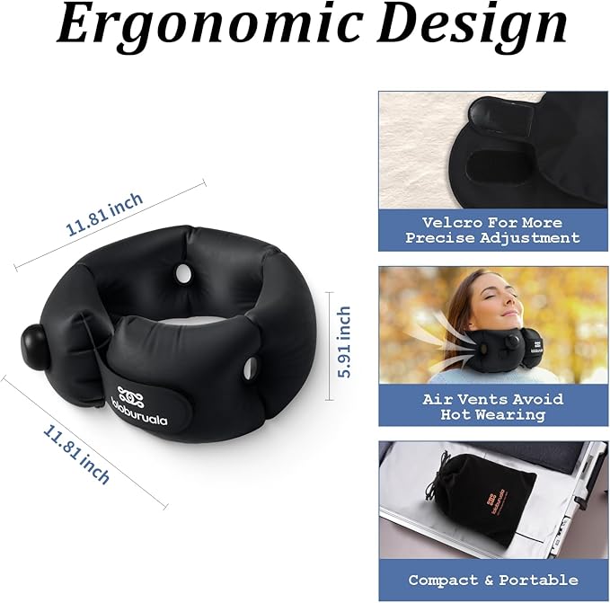 Inflatable Neck Pillow, Portable Travel Neck Pillow for Long Flight, Storable Black Neck Pillows with Washable Cover, Adjustable Air-Fill Support