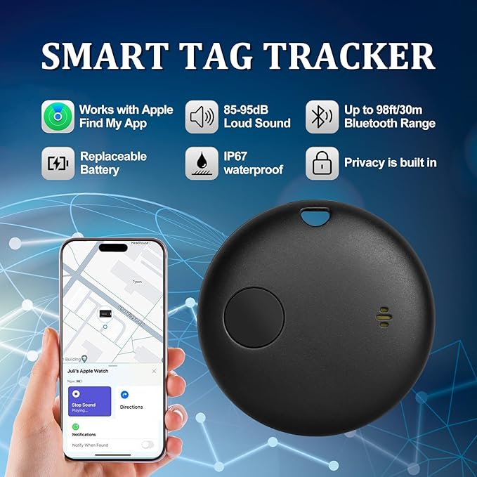 Geevon Smart tag-4 Pack Bluetooth Tracker Work with Apple Find My (iOS Only).Item Finder for Keys, Wallet,Backpack, Luggage (4P Black)
