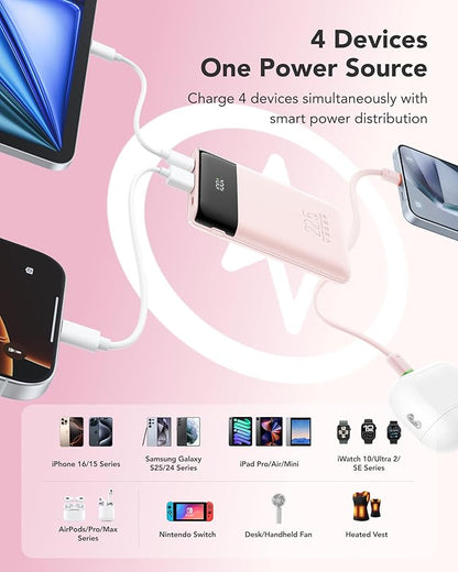 VEGER Portable Charger with Built in Cables, Slim 10000mAh PD 22.5W Fast Charging USB C Power Bank, 4 Outputs 3 Inputs Battery Pack Compatible with iPhone 16e 15 14 13 Samsung iPad - Travel Essential