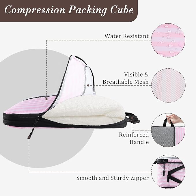 U+U 10 Set Compression Packing Cubes - Ultralight Pink Stripe Travel Organizers with Laundry Bag, Space-Saving Suitcase Organizer, Expandable Packing Cubes for Travel and Family Vacation (Pink Stripe)