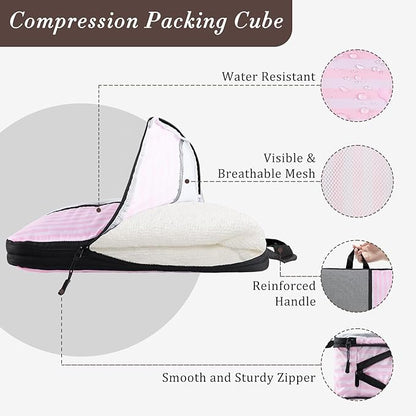 U+U 10 Set Compression Packing Cubes - Ultralight Pink Stripe Travel Organizers with Laundry Bag, Space-Saving Suitcase Organizer, Expandable Packing Cubes for Travel and Family Vacation (Pink Stripe)