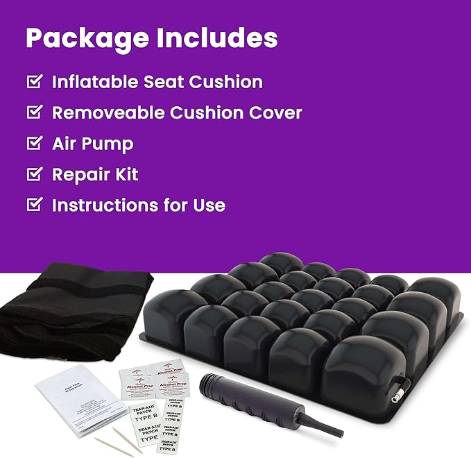 Inflatable Wheelchair Seat Cushion 20 x 18 x 3" - Pressure Sore Relief Air Cushion for Wheel Chair With Interconnected 3" Cells - Breathable Nylon Cover, Includes Pump, Repair Kit - 315lbs Capacity