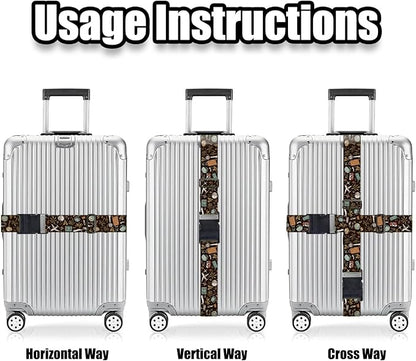 Nuxovilar Luggage Straps of 2 Set Travel Elements Pattern, 1.96x90.5 inches - Luggage Straps for Suitcases, Perfect for Global Travel, Adventures, Business Trips