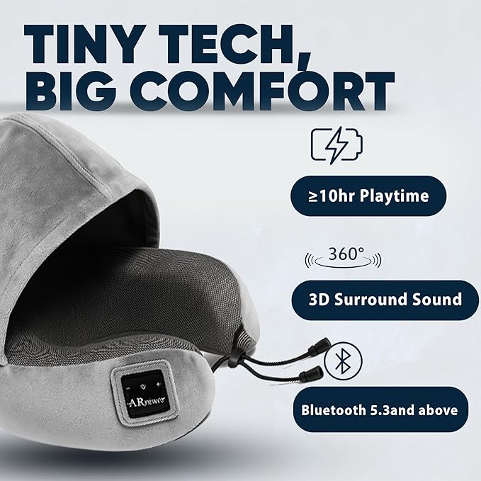 Bluetooth Music Semicircular Neck Pillow with Hood Wireless Bluetooth Speaker Suitable Airplane,Car,Office,and Outdoor Camping for Sleeping, Resting The Best Travel Essentials. (Light Gray)