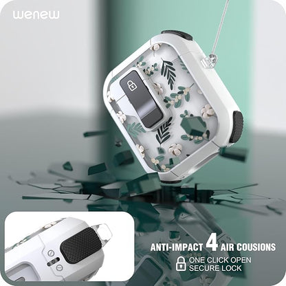 WENEW Case for AirPods 1 & 2Case Cover Secure Lock Automatic Snap Switch Clip Cleaner Kit Lanyard Women Stylish Flower Armour Hard Shell Full Body (Green, AirPods 1st & 2nd)