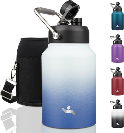 Half Gallon Jug with Handle,64 oz Insulated Water Bottle with Carrying Pouch,Double Wall Vacuum Stainless Steel Metal Bottle,Sky