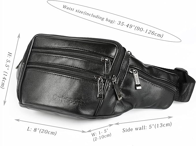 Black Leather Fanny Pack for Men & Women, Fashionable Multi-Pockets Waist Belt Bag for Travel Sports Hiking Cycling Fishing Running