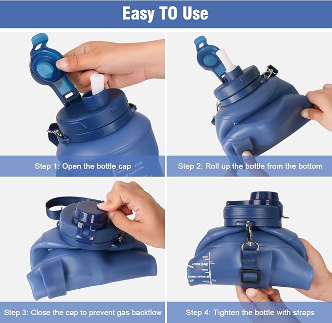 Collapsible Water Bottles, 2L/64OZ travel water bottle Bottle with Straw, Half Gallon Large Water Bottle for Travel Outdoor Sports Runing Fitness Yoga (Upgraded blue)