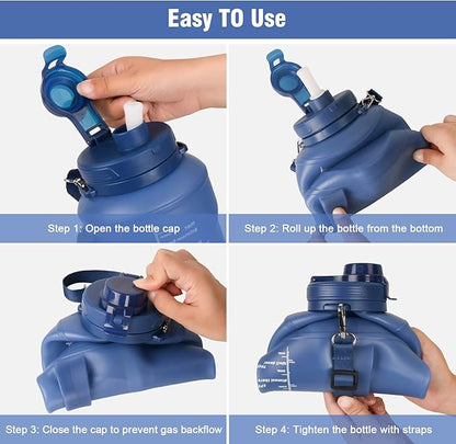 Collapsible Water Bottles, 2L/64OZ travel water bottle Bottle with Straw, Half Gallon Large Water Bottle for Travel Outdoor Sports Runing Fitness Yoga (Upgraded blue)
