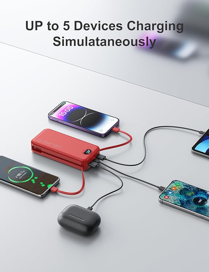 20000mAh Ultra-Portable-Charger-Power-Bank PD20W with Built in Cables&AC Wall Plug,Fast Charging Cell Phone Charger Battery Pack,LED Display Travel Battery Bank for All iPhone,Samsung,Android