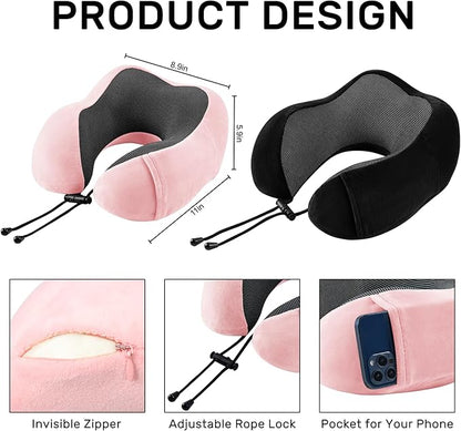 Neck Pillow Airplane-2 Pack Memory Foam Travel Pillow, Soft Support Travel Neck Pillow for Travelling, Sleeping Rest, Car, Train and Home Use (Black&Pink)