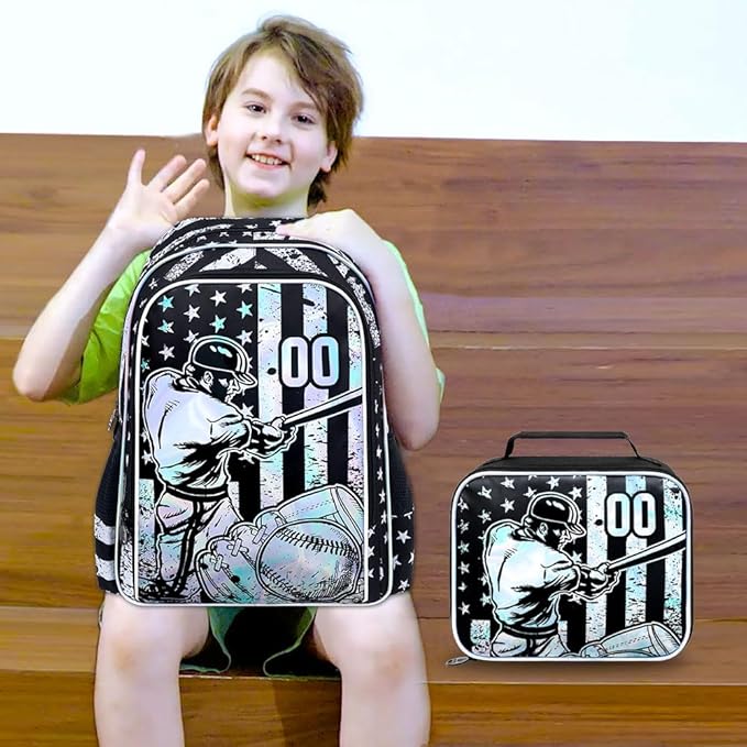 WZLVO 3PCS Boys Baseball Backpack Set, 17" Cool UV Printing Kids Bookbag/School Bag with Lunch Box & Pencil Bag for Elementary to Middle - Star-Spangled Baseball