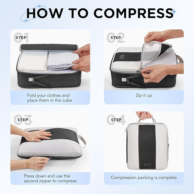 8 Set Compression Packing Cubes for Travel Essentials,Compressible Expandable Packing Cubes for Suitcase,OlarHike Luggage Organizer Bags for Travel,Handy Helper for Organizing Clothes(Black)