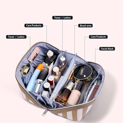 BOYATU Travel Makeup Bag for Women: Large Cosmetic Bag Set of 3 - PU Leather Make up Bag with Compartments - Compact Waterproof Toiletry Bag with Divider & Handle (B-5-Brown)