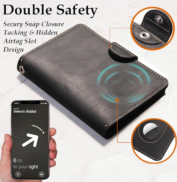 Genuine Leather Passport Holder for Travel - Rfid Passport Wallet with Hidden AirTag Slot, for 2 Passport Capacity, 2 Card Slots,for Men & Women & Family - Button Bifold Hidden Airtag Slot Style,Black